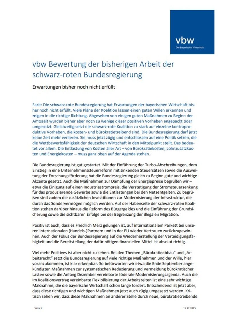 vbw Bewertung der bisherigen Arbeit der schwarz-roten Bundesregierung